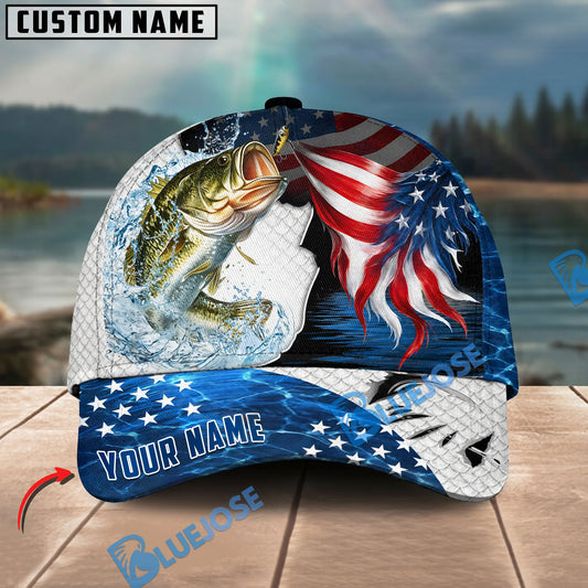 BlueJose Fishing USA Flag Hook White Scale Personalized Name Classic 3D Cap Personalized Cap (13 Breeds)