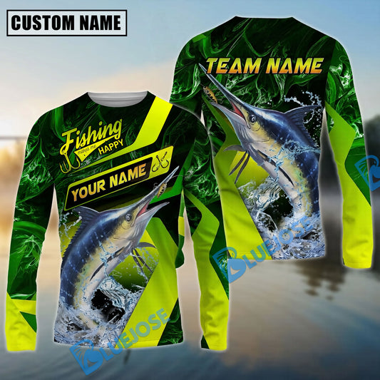 Bluejose Marlin Fishing Green Neon Splash Water Artwork Custom Name & Team Name 3D Shirts