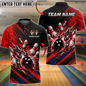 BlueJose Bowling Fire Flames Explosion Black Splash Customized Name, Team Name 3D Shirt (6 Colors)