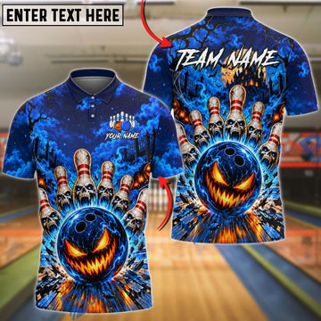 BlueJose Bowling And Pins Evil Pumpkin Face Skull Halloween Fire Spooky Castle Customized Name, Team Name 3D Shirt (4 Colors)
