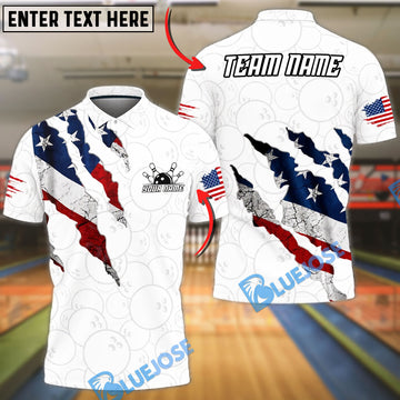 BlueJose Bowling American Flag Torn Effect Bowling Pattern Design Customized Name, Team Name 3D Shirt