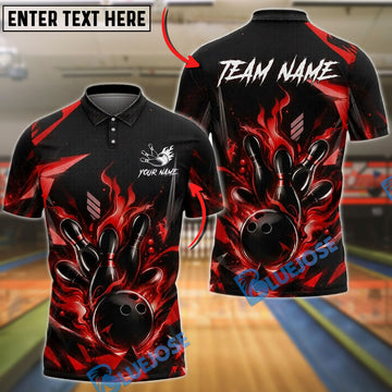 BlueJose Bowling Black Flaming Bowling Ball and Pins Geometric Design Customized Name, Team Name 3D Shirt (6 Colors)