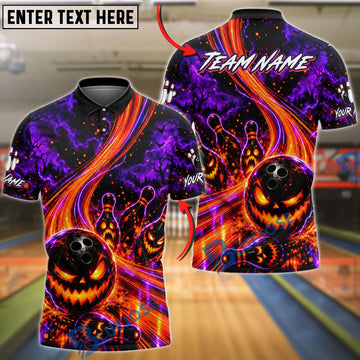 BlueJose Bowling And Pins Scary Halloween Glowing Eyes Pumpkin Head Creepy Forest Flame Trail Crashing Pins Customized Name, Team Name 3D Shirt (4 Colors)