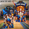BlueJose Bowling And Pins Spooky Scary Halloween Jack O Lantern Pumpkin Head Fiery Flame Bats Strike Crashing Pins Customized Name, Team Name 3D Shirt (4 Colors)