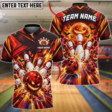 BlueJose Bowling And Pins Spooky Scary Halloween Jack O Lantern Pumpkin Head Fiery Flame Bats Strike Crashing Pins Customized Name, Team Name 3D Shirt (4 Colors)