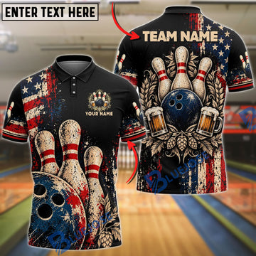BlueJose Bowling Ball & Pins Black Patriotic American Flag USA Paint Splatter Vintage Beer Mugs Hop Flowers Customized Name, Team Name 3D Shirt
