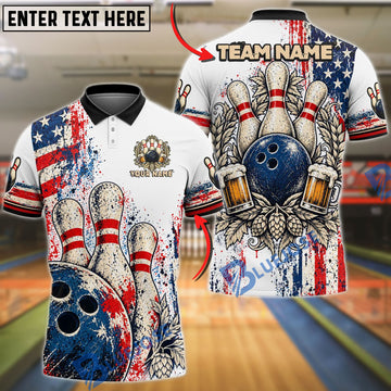BlueJose Bowling Ball & Pins White Patriotic American Flag USA Paint Splatter Vintage Beer Mugs Hop Flowers Customized Name, Team Name 3D Shirt