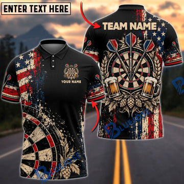 BlueJose Darts Black Patriotic American Flag USA Paint Splatter Vintage Beer Mugs Hop Flowers Darts Dartboard Target Bullseye Personalized Name Shirt
