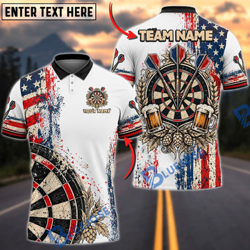 BlueJose Darts White Patriotic American Flag USA Paint Splatter Vintage Beer Mugs Hop Flowers Darts Dartboard Target Bullseye Personalized Name Shirt