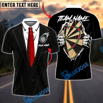 BlueJose Darts Tuxedo Style Hidden Dartboard Customized Name, Team Name 3D Shirt (4 Colors)