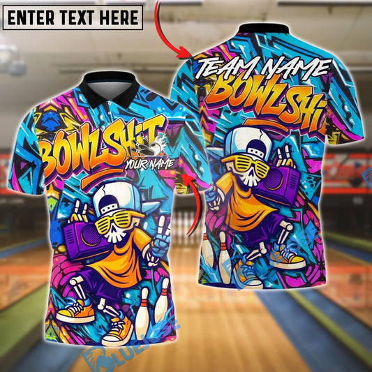 BlueJose Bowling And Pins Urban Graffiti Cool Skeleton Customized Name, Team Name 3D Shirt (4 Colors)