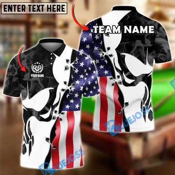 BlueJose Billiards Skull USA Flag Customized Name, Team Name 3D Shirt