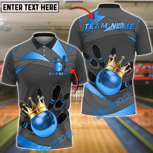 BlueJose Bowling And Pins Golden Crown King Ball Spin Customized Name, Team Name 3D Shirt (6 Colors)