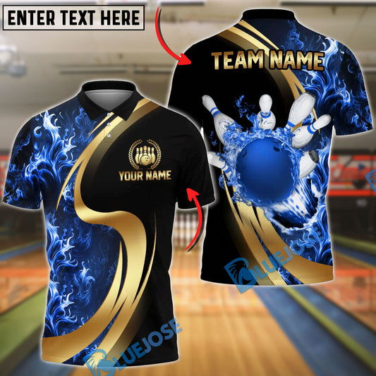 BlueJose Bowling Flame Bowling Ball And Pins Black And Gold Customized Name, Team Name 3D Shirt (4 Colors)