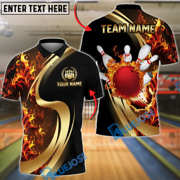 BlueJose Bowling Flame Bowling Ball And Pins Black And Gold Customized Name, Team Name 3D Shirt (4 Colors)