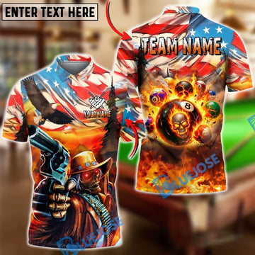 BlueJose Billiards Ball 8 American Flag Cowboy Shooter Flaming Customized Name, Team Name 3D Shirt