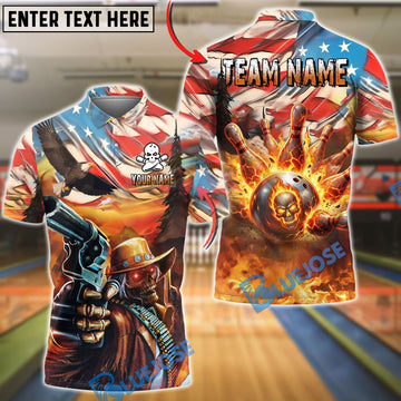 BlueJose Bowling And Pins Patriotic Cowboy Skull Fire Personalized Shirt