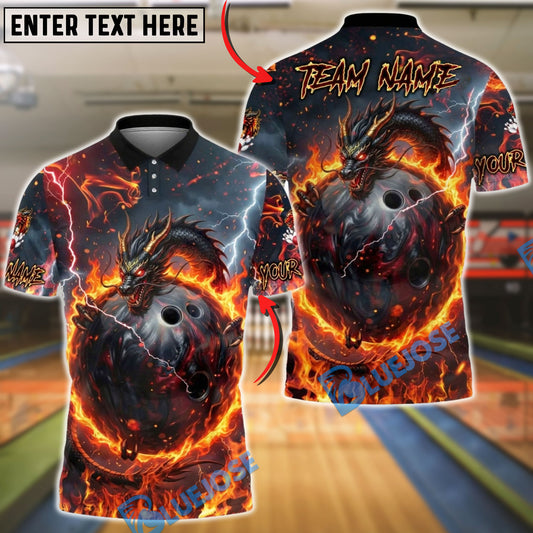 BlueJose Bowling Fire Black Dragon & Bowling Ball Customized Name, Team Name 3D Shirt (4 Colors)