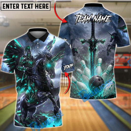 BlueJose Bowling And Pins Dark Fantasy Knight Unicorn Sword Design Customized Name, Team Name 3D Shirt (4 Colors)