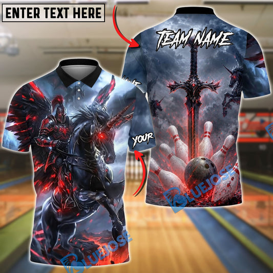 BlueJose Bowling And Pins Dark Fantasy Knight Unicorn Sword Design Customized Name, Team Name 3D Shirt (4 Colors)