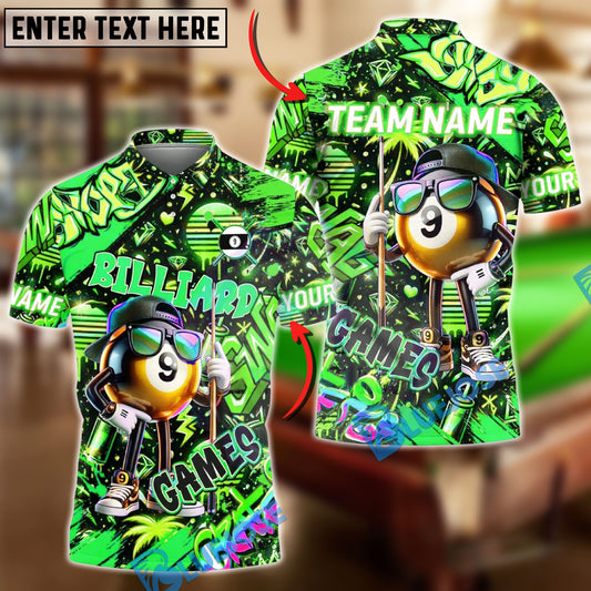 BlueJose Billiards 9-Ball Graffiti Game Character Personalized Name Shirt (4 Colors)