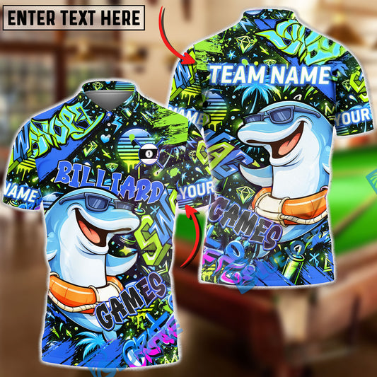BlueJose Billiards Graffiti Cool Dolphin 9 Ball Character Personalized Name Shirt (4 Colors)