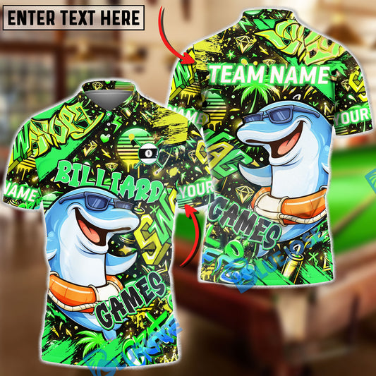 BlueJose Billiards Graffiti Cool Dolphin 9 Ball Character Personalized Name Shirt (4 Colors)
