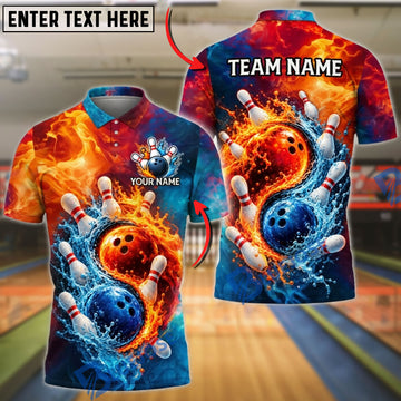 BlueJose Bowling Ball & Pins Fire And Water Explosive Strike Motion Graphic Customized Name, Team Name 3D Shirt