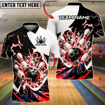 BlueJose Bowling And Pins Thunder Dynamic Ball Impact Graphic Customized Name, Team Name 3D Shirt (4 Colors)