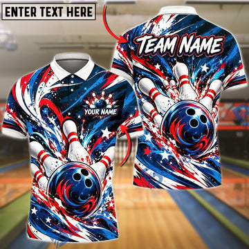 BlueJose Bowling Ball & Pin Swirling American Flag Graphic Customized Name, Team Name 3D Shirt