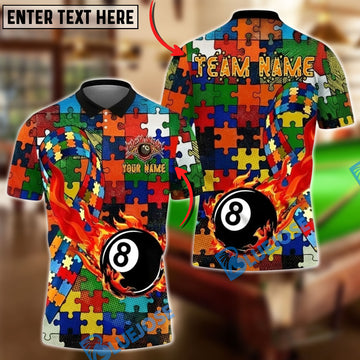 BlueJose Billiards Ball 8 Puzzle Pattern Ball Fire Autism Awareness Customized Name, Team Name 3D Shirt