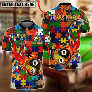 BlueJose Billiards Ball 8&9 Yin Yang Puzzle Pattern Ball Fire Autism Awareness Customized Name, Team Name 3D Shirt