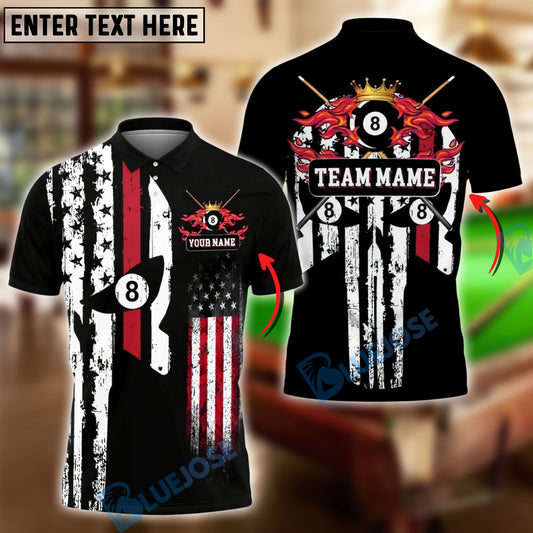BlueJose Billiards Ball 8 American Flag Punisher Flaming Customized Name, Team Name 3D Shirt