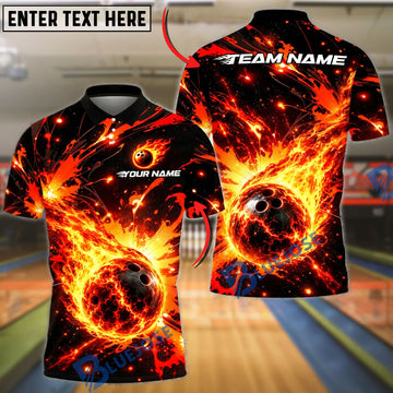 BlueJose Bowling And Pins Powerful Flame Energy Graphic Customized Name, Team Name 3D Shirt (4 Colors)