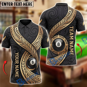 BlueJose Billiards 8 Ball Polynesian Luxurious Tribal Pattern Personalized Name, Team Name Unisex Shirt (6 Colors)