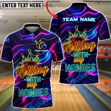 BlueJose Bowling Neon Rolling With My Homies Personalized Name, Team Name 3D Shirt