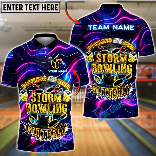 BlueJose Bowling Neon Bowling and Beer Gutterly Ridiculous Personalized Name, Team Name 3D Shirt