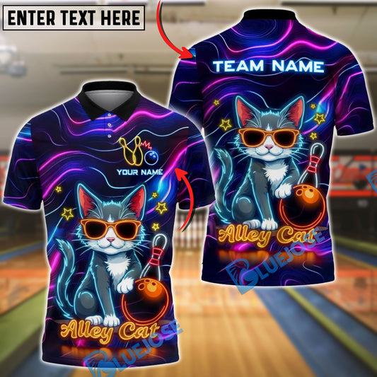 BlueJose Bowling Neon Alley Cat Cartoon Personalized Name, Team Name 3D Shirt