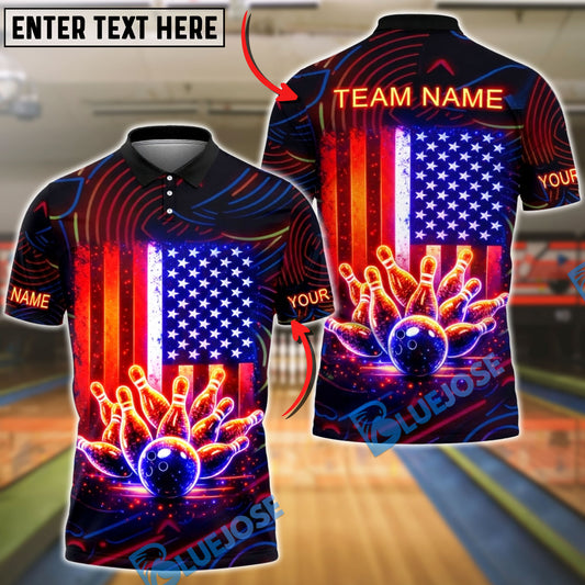 BlueJose Bowling Neon USA Flag Bowling Strike Patriotic Personalized Name, Team Name 3D Shirt