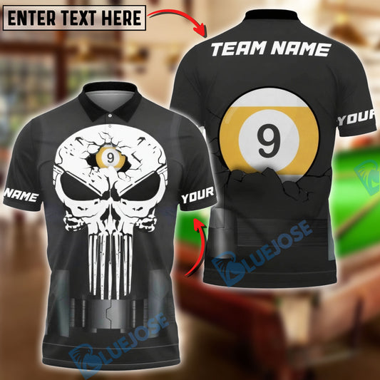 BlueJose Billiards Ball 9 Punisher Skull Cracked Design Customized Name, Team Name 3D Shirt