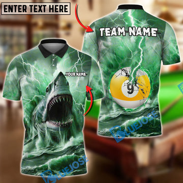 BlueJose Billiards 9 Ball Shark and Lightning Personalized Name, Team Name Unisex Shirt (4 Colors)