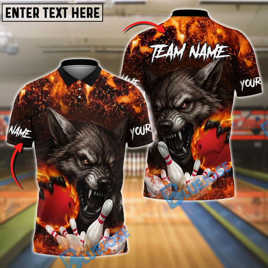 BlueJose Bowling Wolf Strike Flame Customized Name, Team Name 3D Shirt (4 Colors)