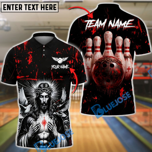 BlueJose Bowling And Pins Sacred Jesus Christ Blood Customized Name, Team Name 3D Shirt (4 Colors)
