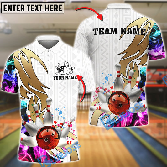 BlueJose Bowling And Pins Tribal Flame Rainbow Pattern Customized Name, Team Name 3D Shirt (4 Colors)