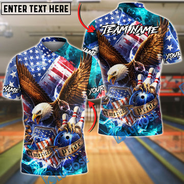 BlueJose Bowling American Eagle Flag Lightning Shield Personalized Name, Team Name 3D Shirt