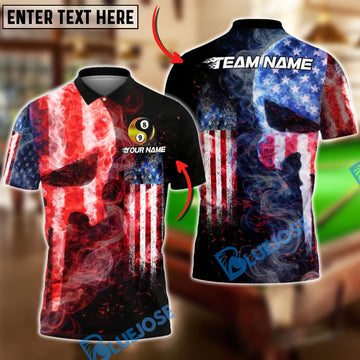 BlueJose Billiards 8 Ball & 9 Ball Yinyang USA Fire Smoke Punisher Skull Design Personalized Shirt