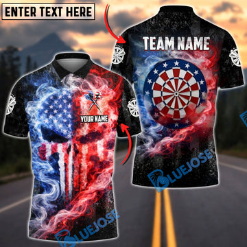 BlueJose Darts American Flag Smoke Fire Dartboard Punisher Skull Design Personalized Name Shirt
