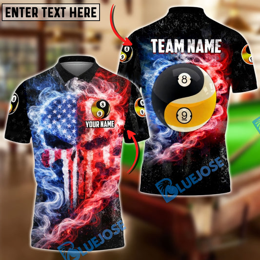 BlueJose Billiards 8 Ball & 9 Ball Yinyang American Flag Smoke Fire Punisher Skull Design Personalized Shirt