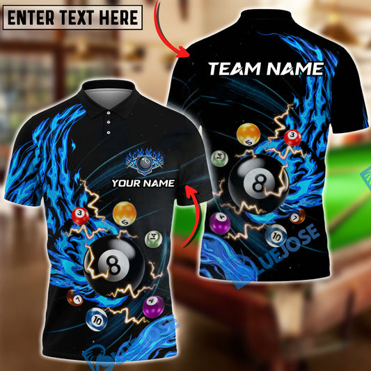 BlueJose Billiards Fire Flame Lightning 8 Ball Pool Customized Name, Team Name 3D Shirt (4 Colors)