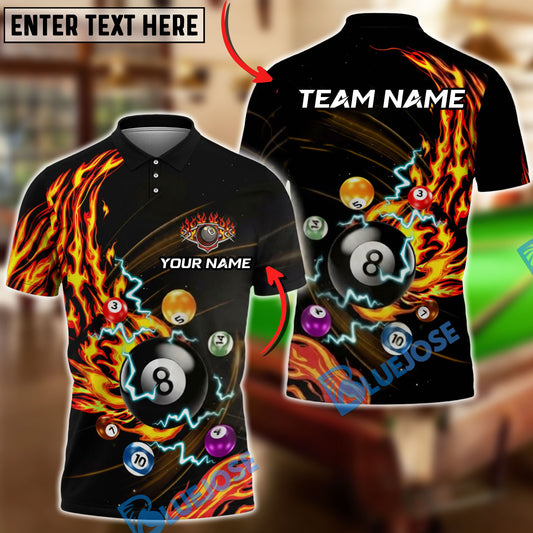 BlueJose Billiards Fire Flame Lightning 8 Ball Pool Customized Name, Team Name 3D Shirt (4 Colors)